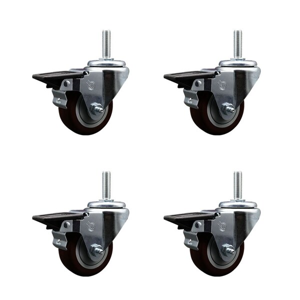 Service Caster 3 Inch Maroon Polyurethane Wheel Swivel 58 Inch Threaded Stem Caster Set with Brake SCC SCC-TS20S314-PPUB-MRN-PLB-58212-4 - main